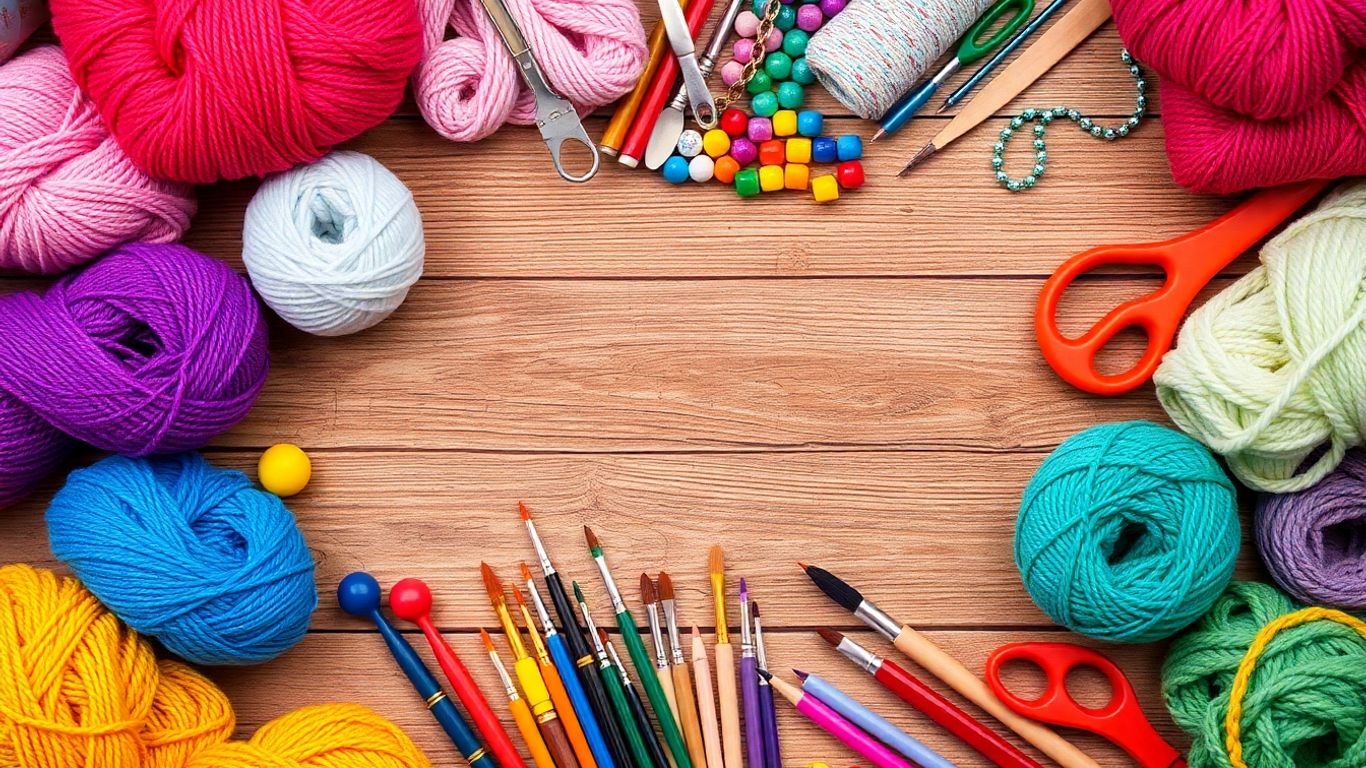 Colorful hobby and craft supplies arranged on a wooden table.