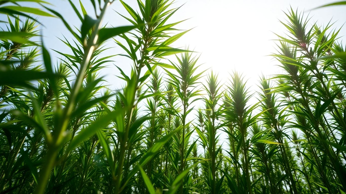 Industrial hemp plants growing tall in a field.