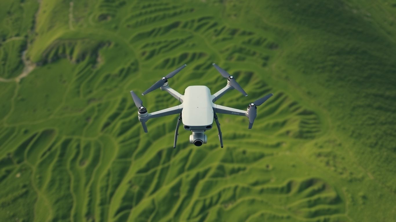 Drone collecting data over a landscape.