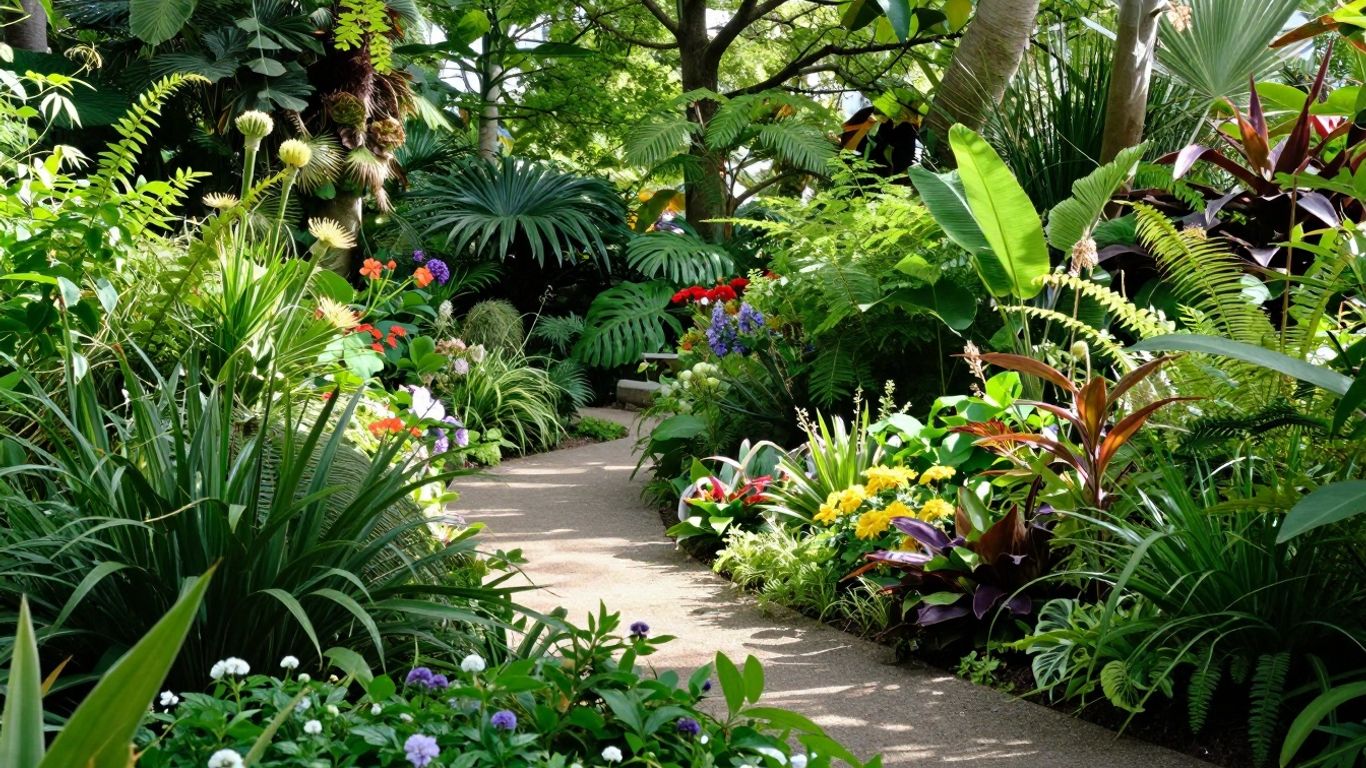 Groene paden tussen bloeiende planten in Botanische Tuin Delft.