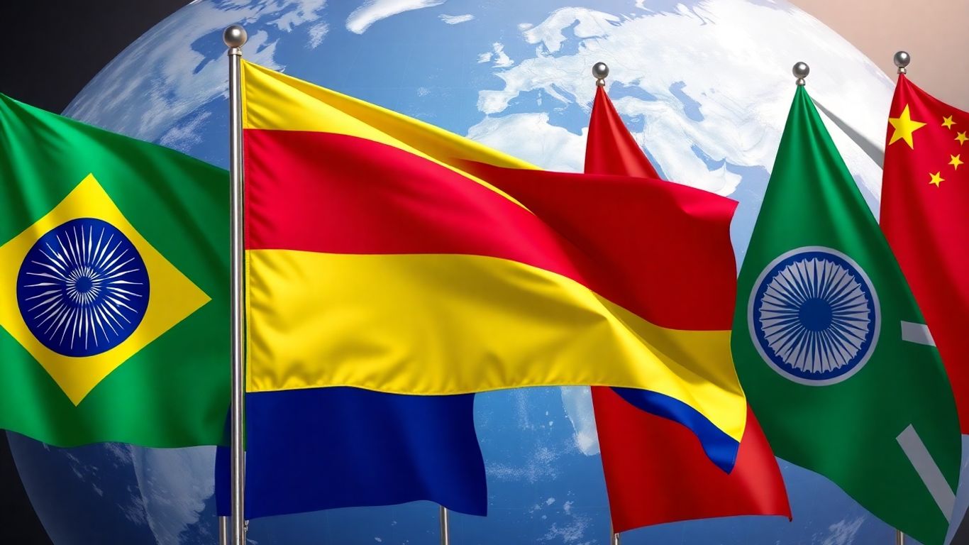 Venezuelan flag with BRICS flags, global connection.