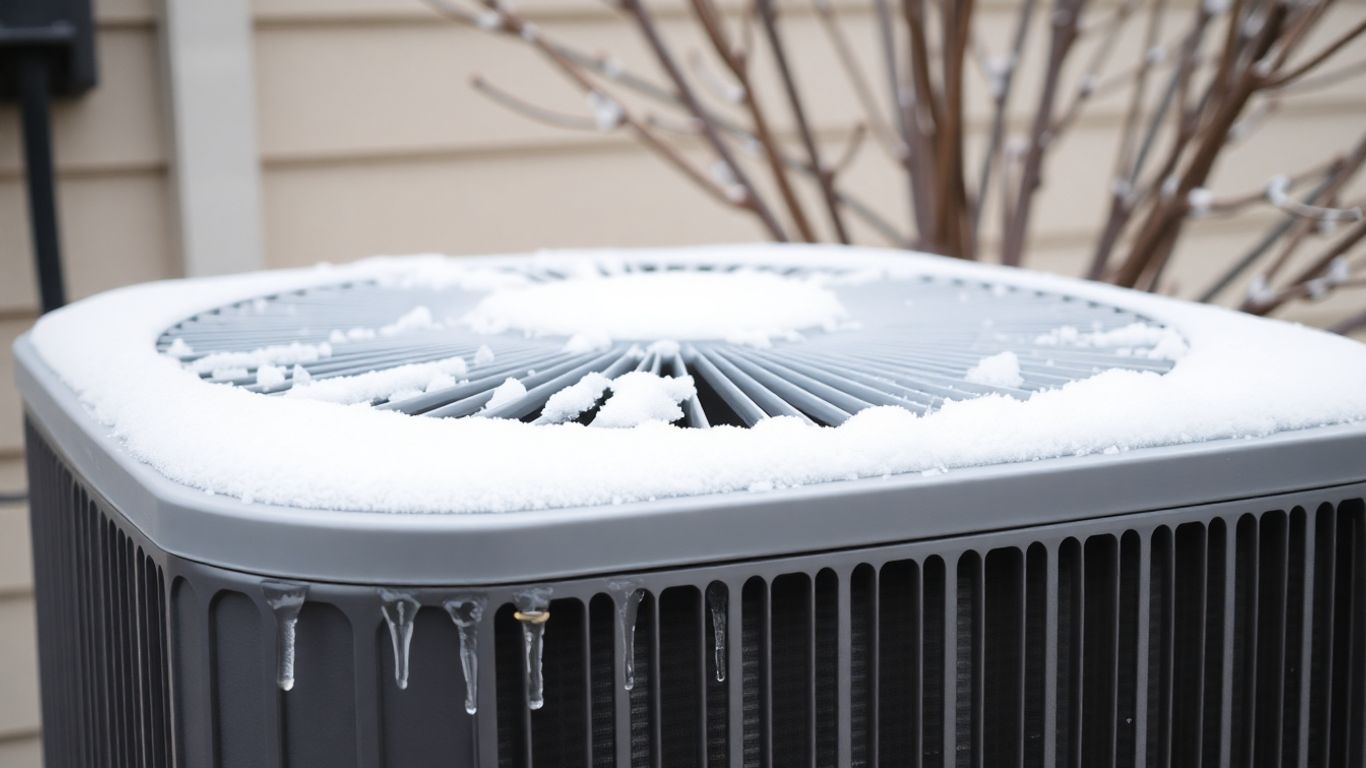 Winterized HVAC unit with snow and icicles.