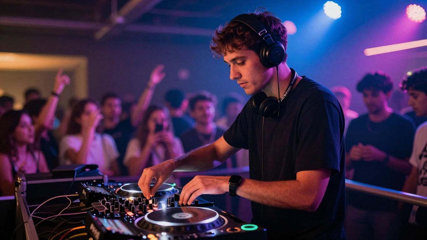 DJ performing at an event with lights and equipment.