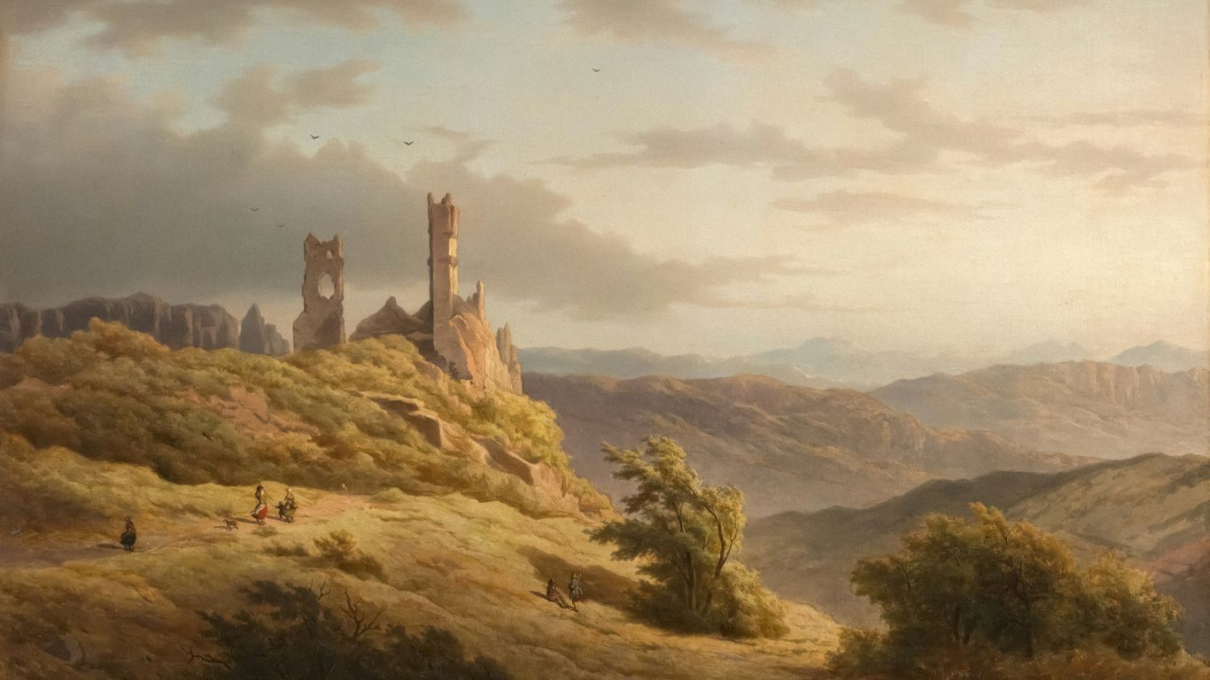 a painting of a castle on a hill