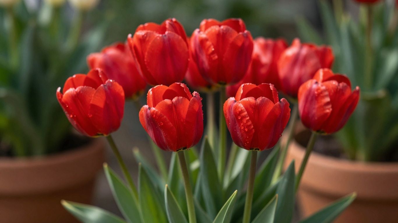 Bloeiende rode tulpen in een terracotta pot.
