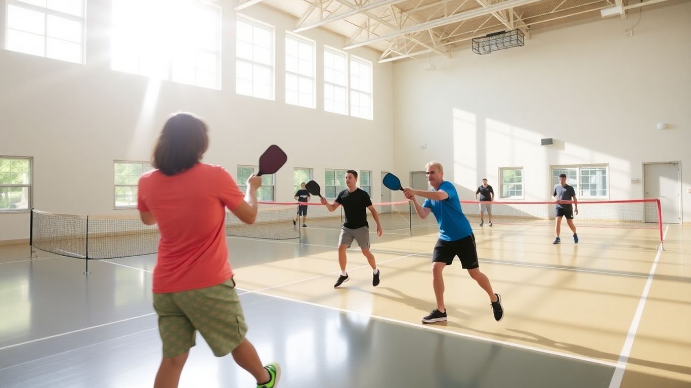 Indoor pickleball court with players in action.