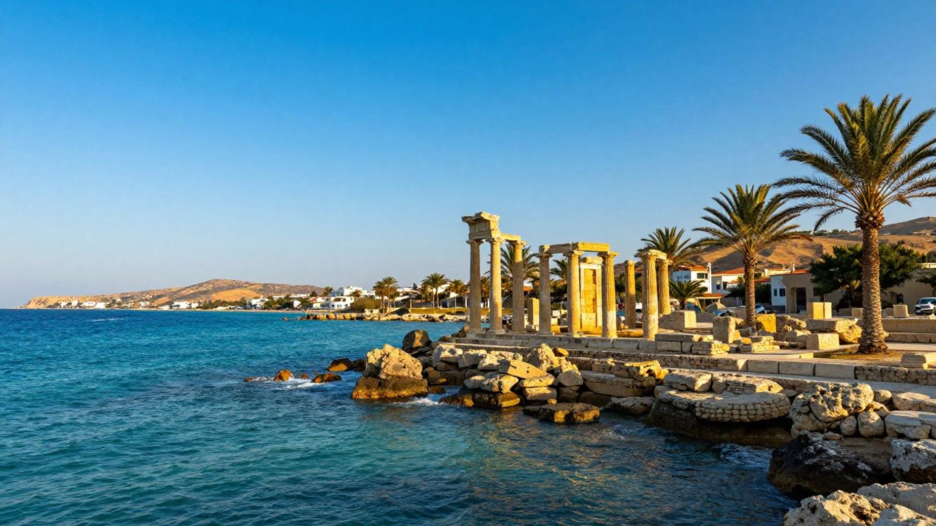 Cyprus coastline with ancient ruins and turquoise water.