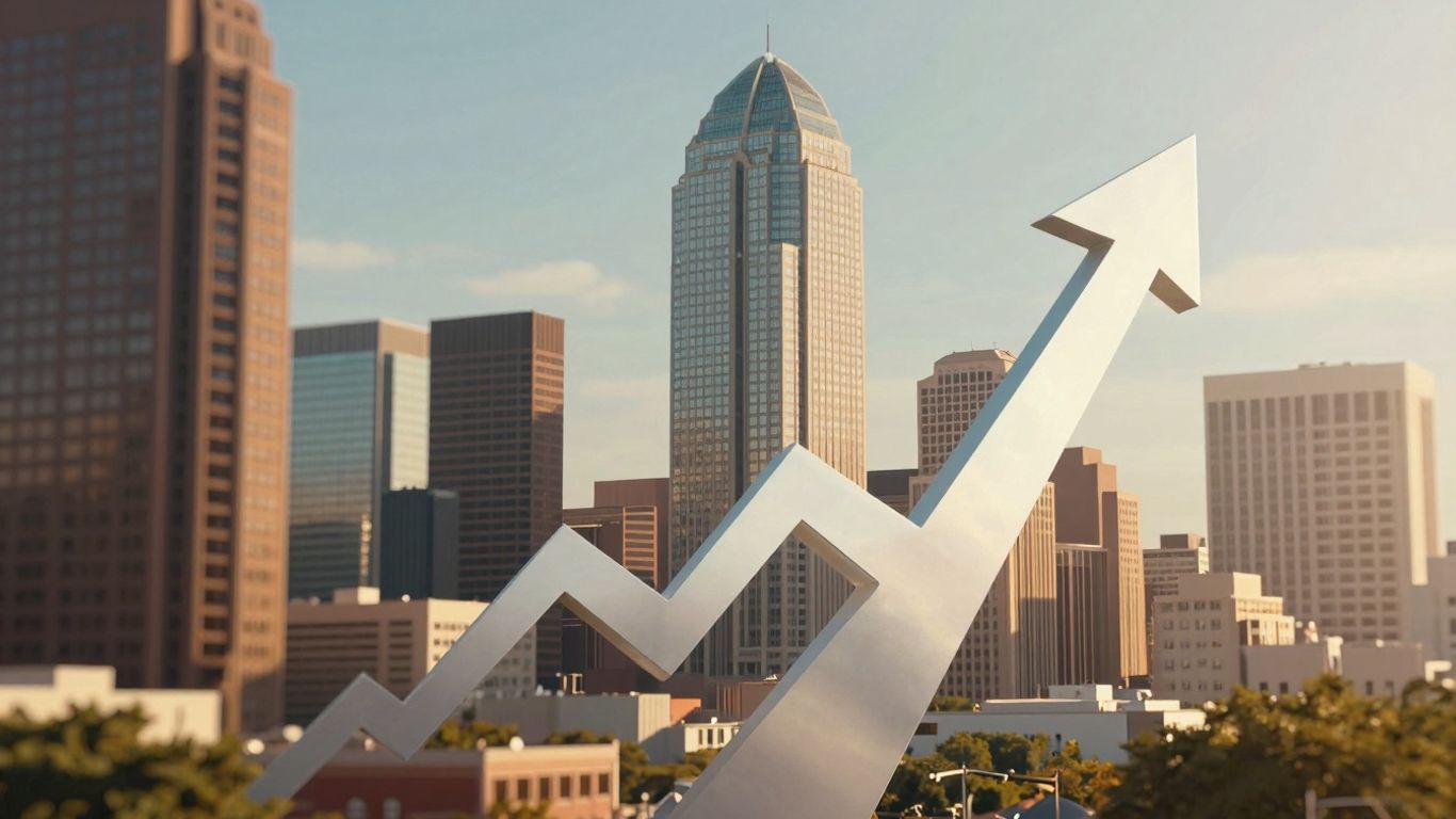 Dallas skyline with upward growth arrow