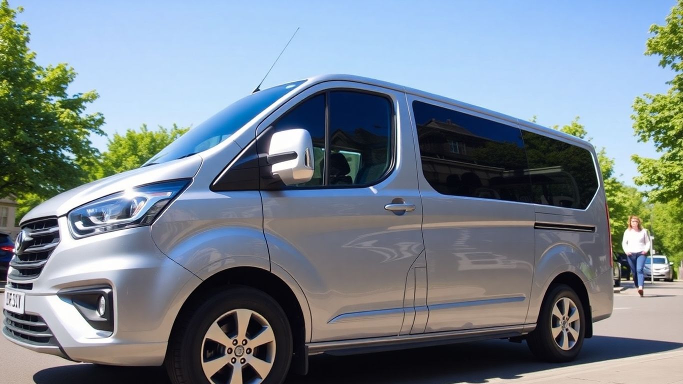 Silver 8 seater minibus parked on a street in Slough.