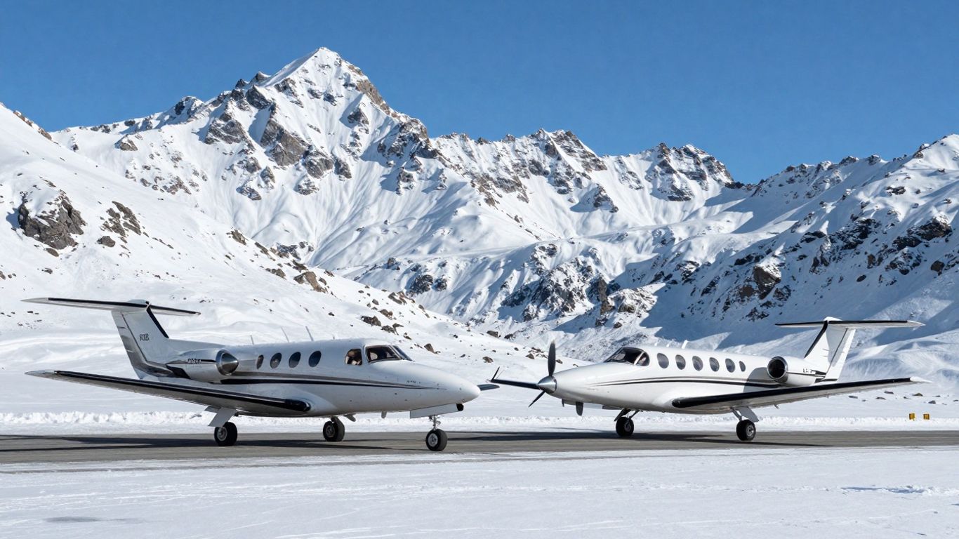 Two turboprop aircraft on a snowy alpine runway.