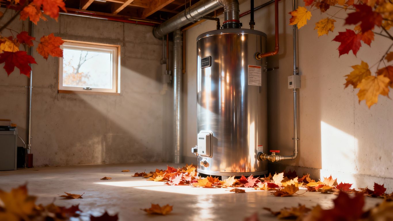 Modern water heater with fall leaves