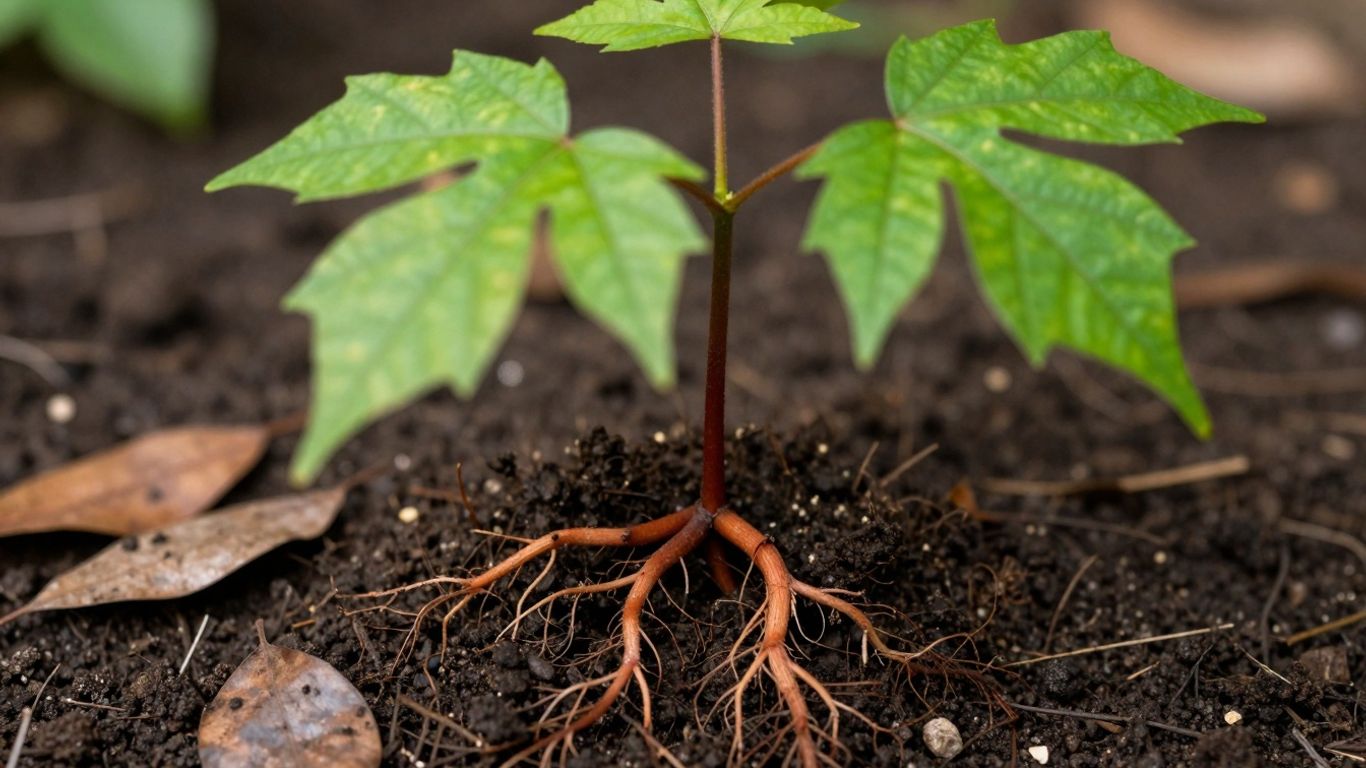 Muda de castanheiro jovem com raízes e folhas verdes.