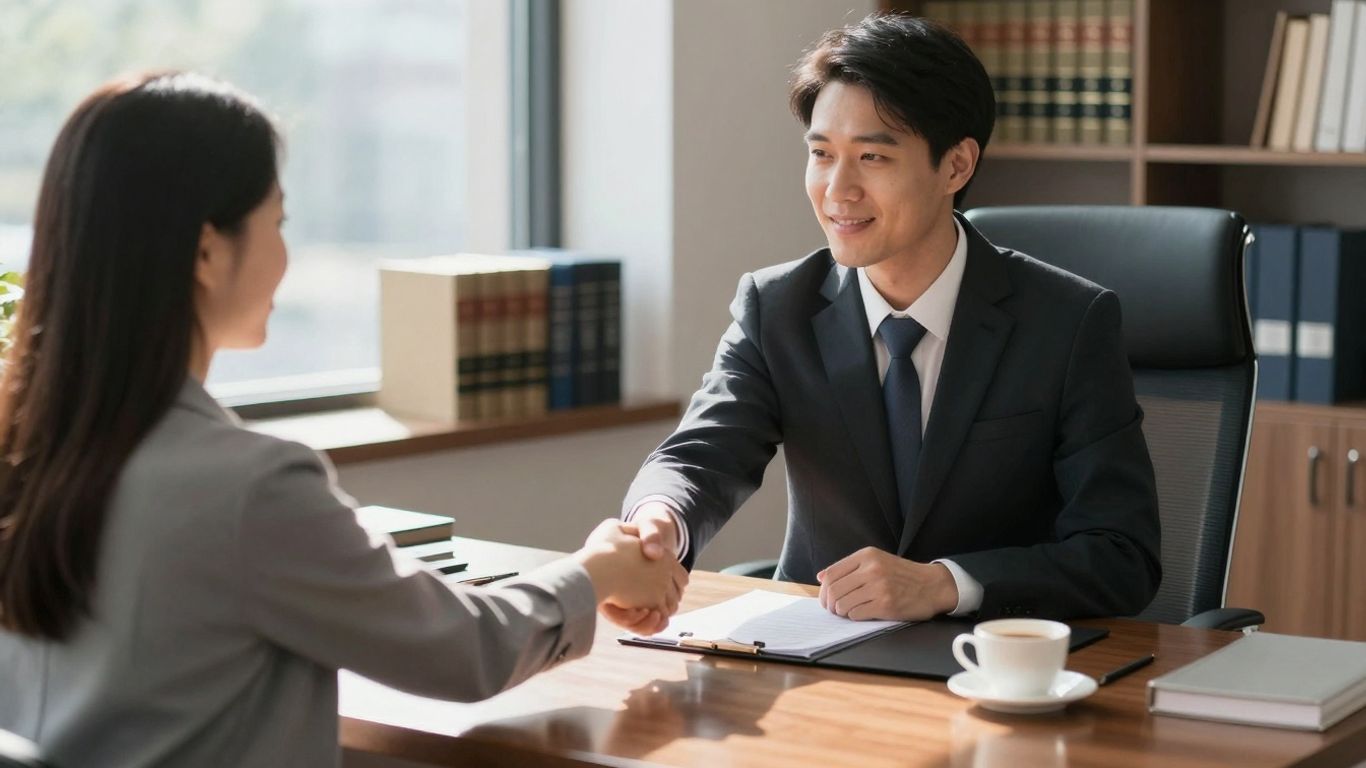 Family lawyer and client shaking hands in office.