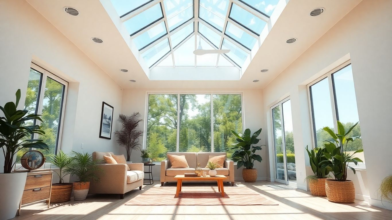 Living room interior with a bright skylight.