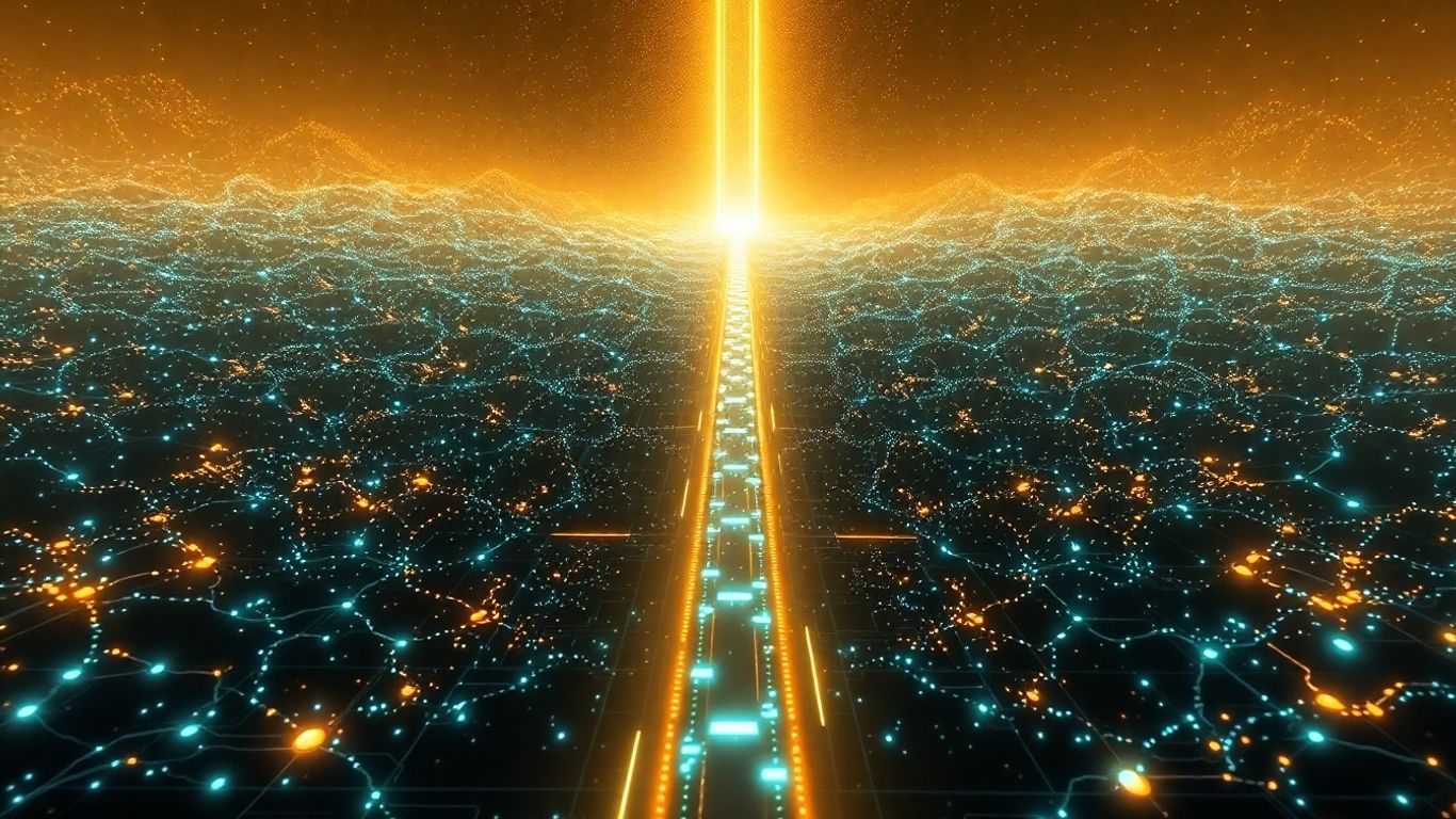 Digital landscape with glowing circuits and a bright pathway.