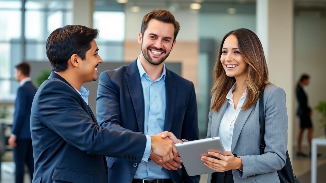 Reclutador y candidato estrechando manos en oficina.