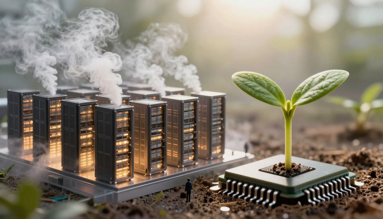 Giant server farm versus a small seedling on a microchip.