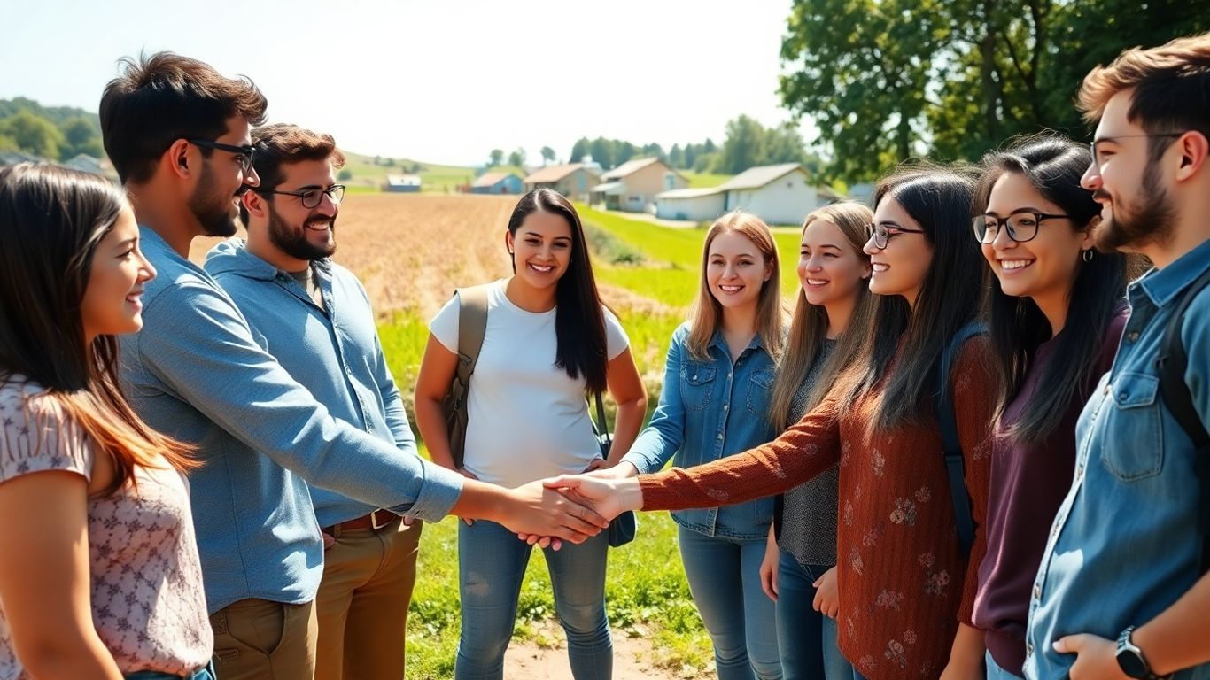 Echipă tânără rurală colaborând în sat