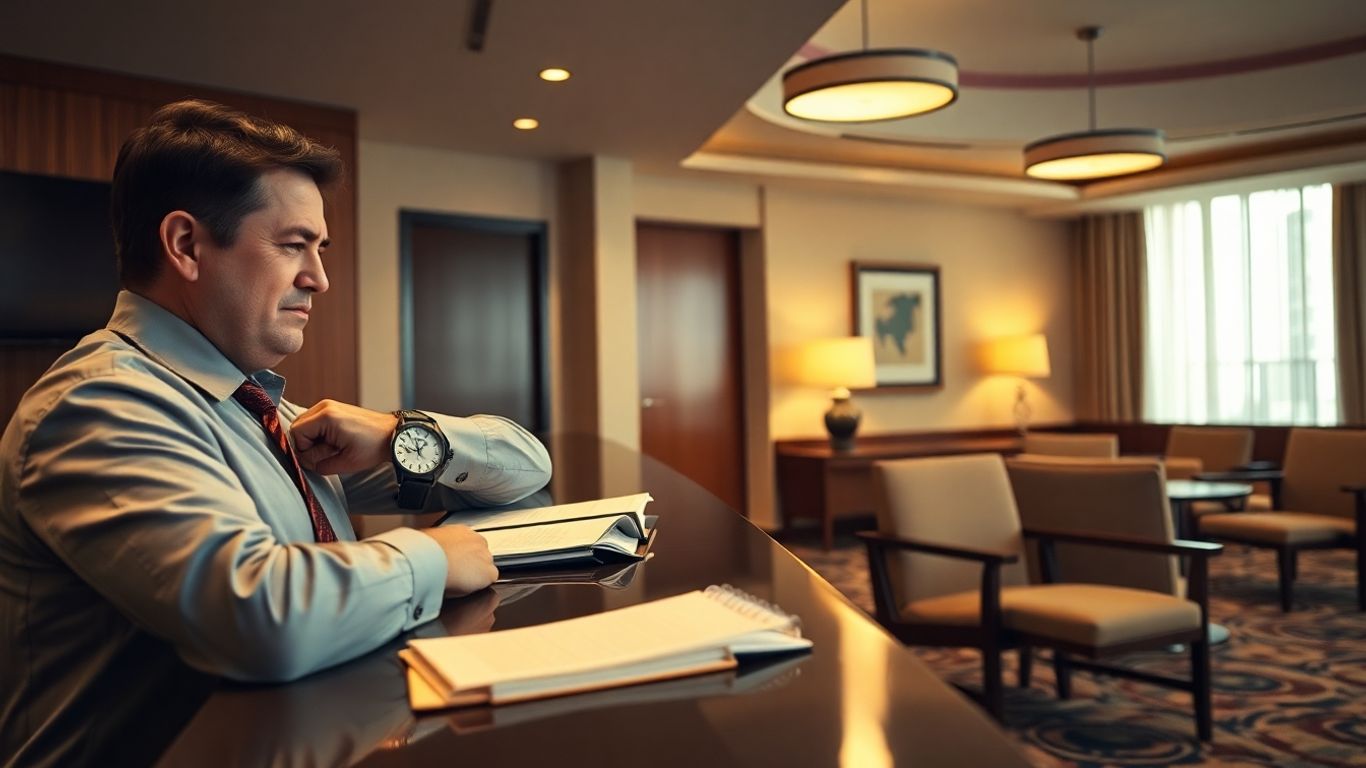 Hotel gost čaka na recepciji, zaprta knjiga rezervacij.