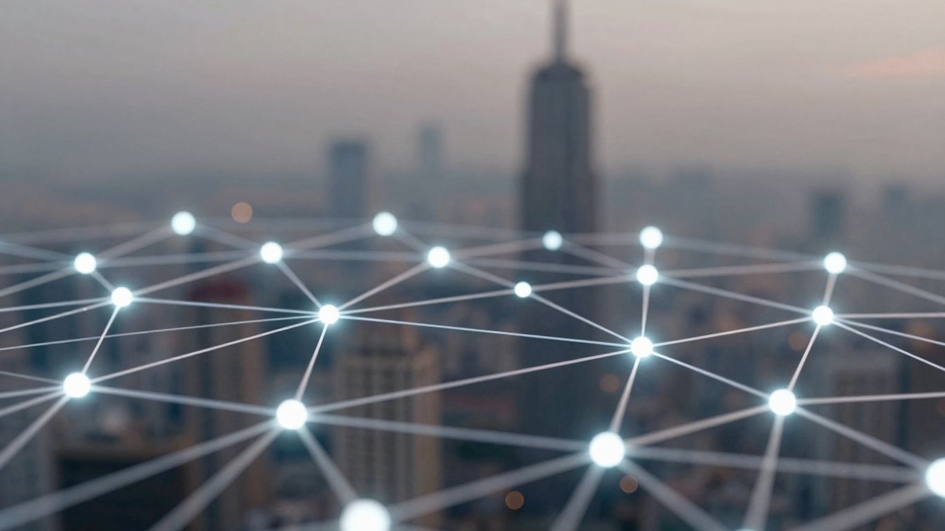 Digital network with glowing lines connecting nodes.