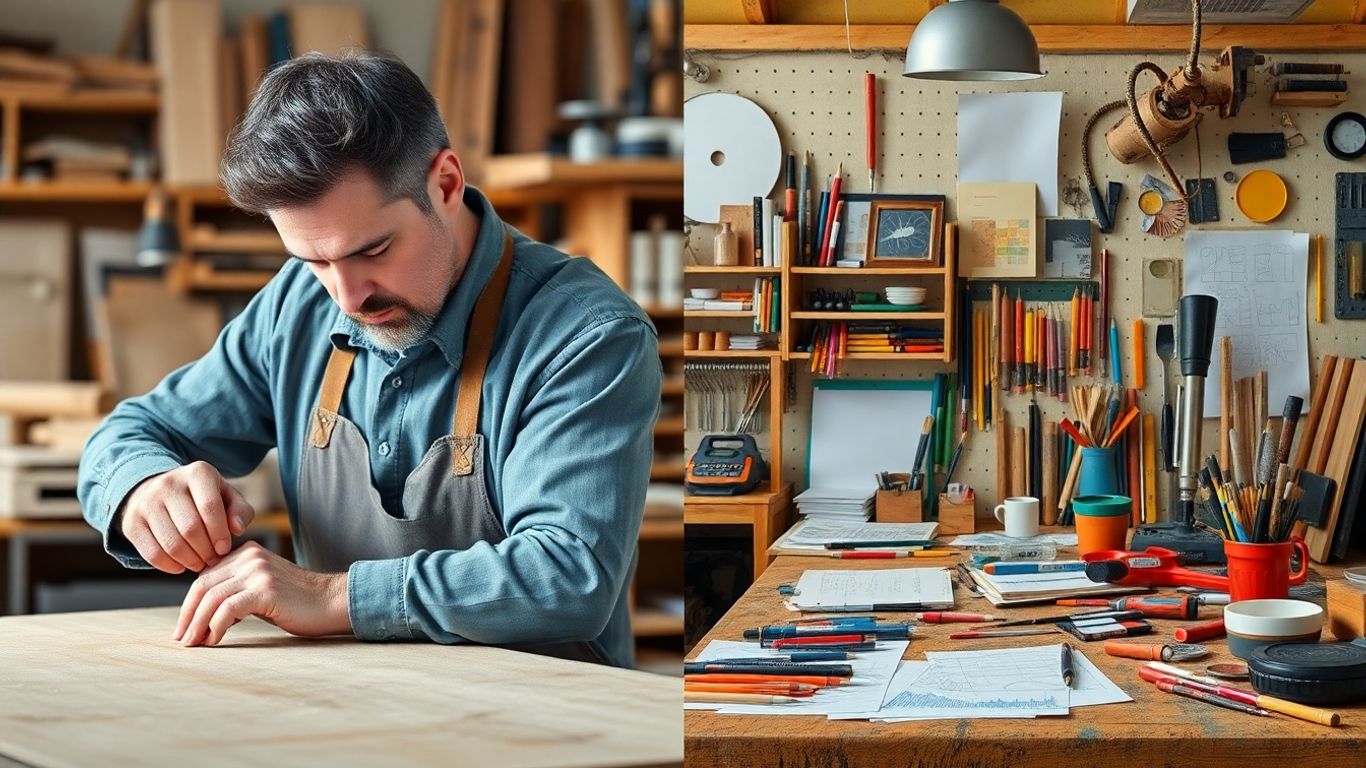 Craftsman refining wood and creative workspace contrast