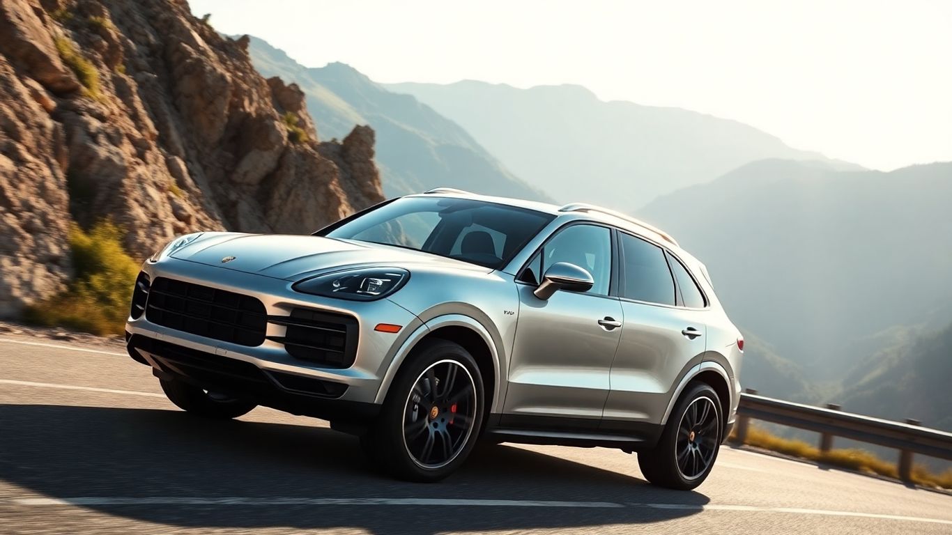 Silver electric Porsche Cayenne driving on a scenic mountain road.