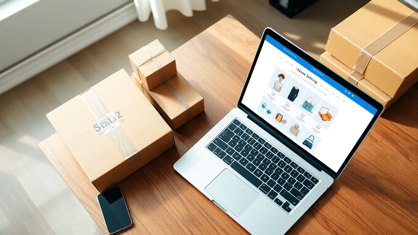 Dropshipping business setup with laptop, boxes, and phone.