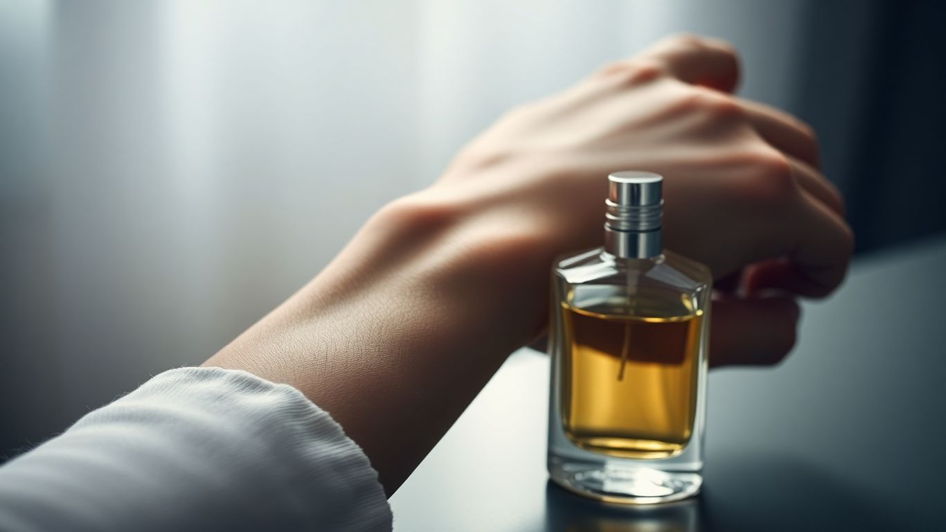 Woman's wrist near a perfume bottle, scent fading.