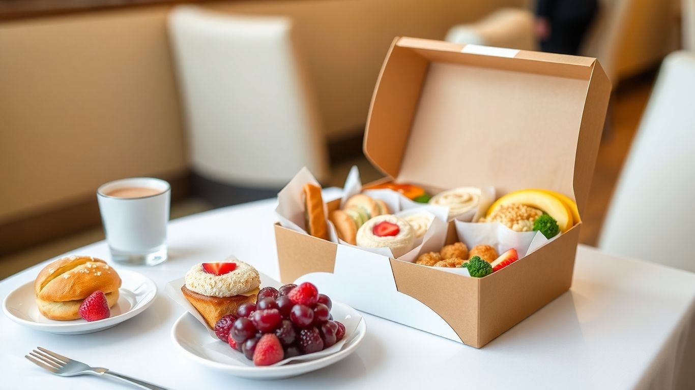 กล่องขนม Au Bon Pain วางบนโต๊ะพร้อมอาหารหลากหลาย