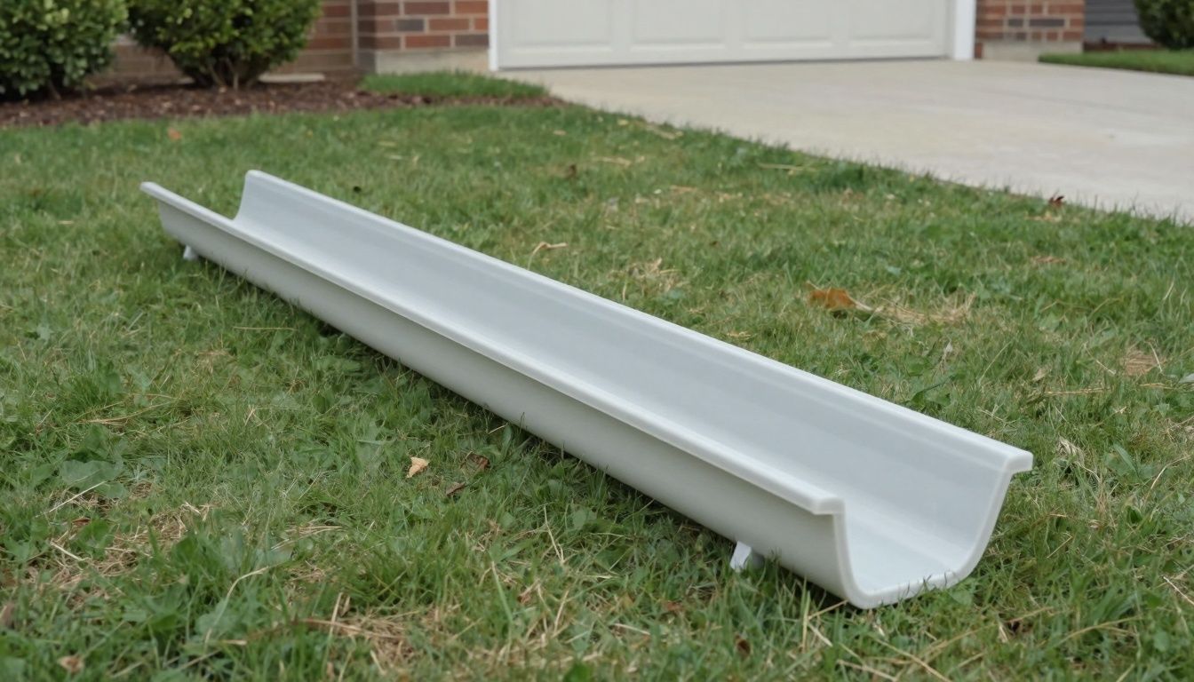 A mass-produced, lightweight plastic (HDPE/polypropylene) drainage channel being installed in a residential driveway, with simple slot top pattern.