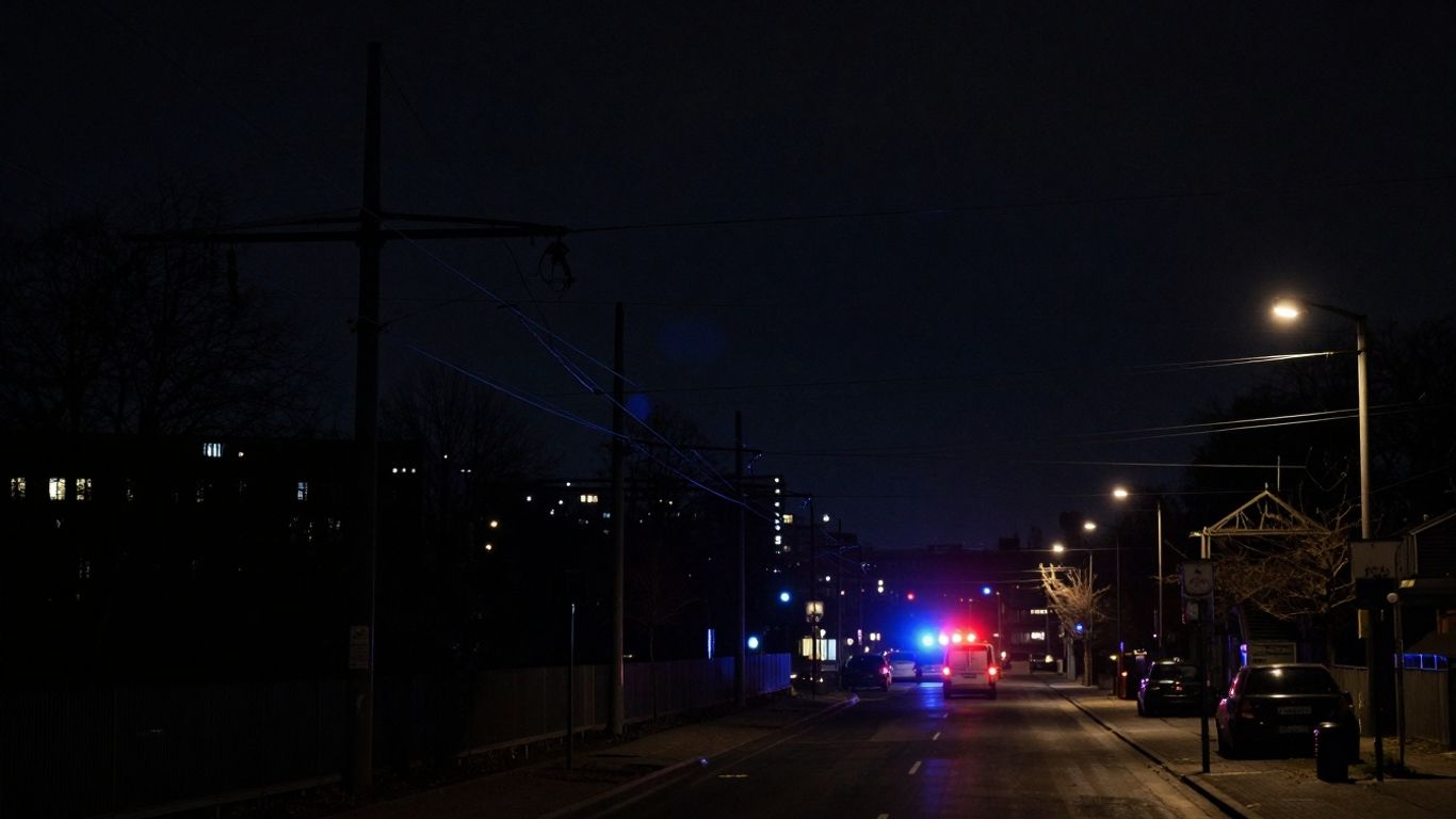 Darkened Berlin cityscape with flashing emergency lights.