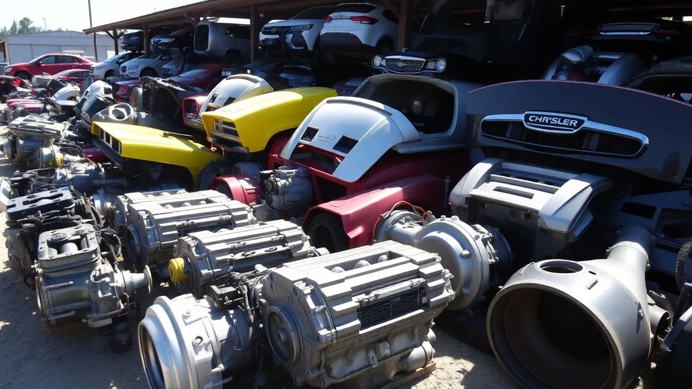 Chrysler car parts in a salvage yard