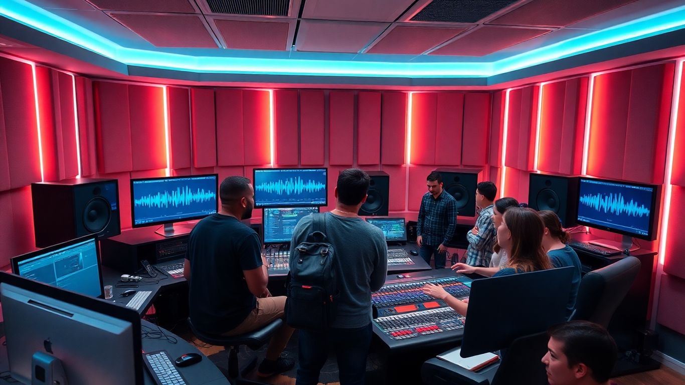 Young music tech professionals in sleek, modern recording studio