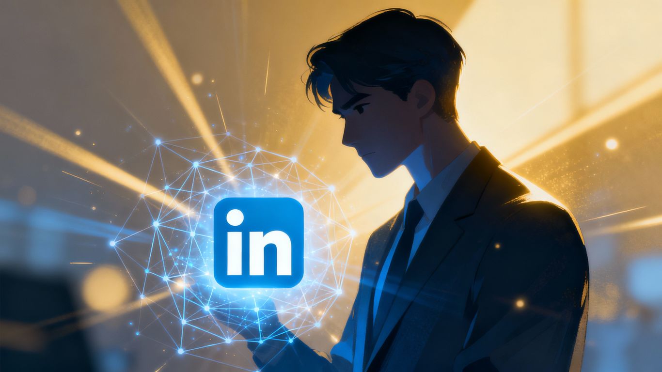 Person illuminated by glowing LinkedIn logo and network.