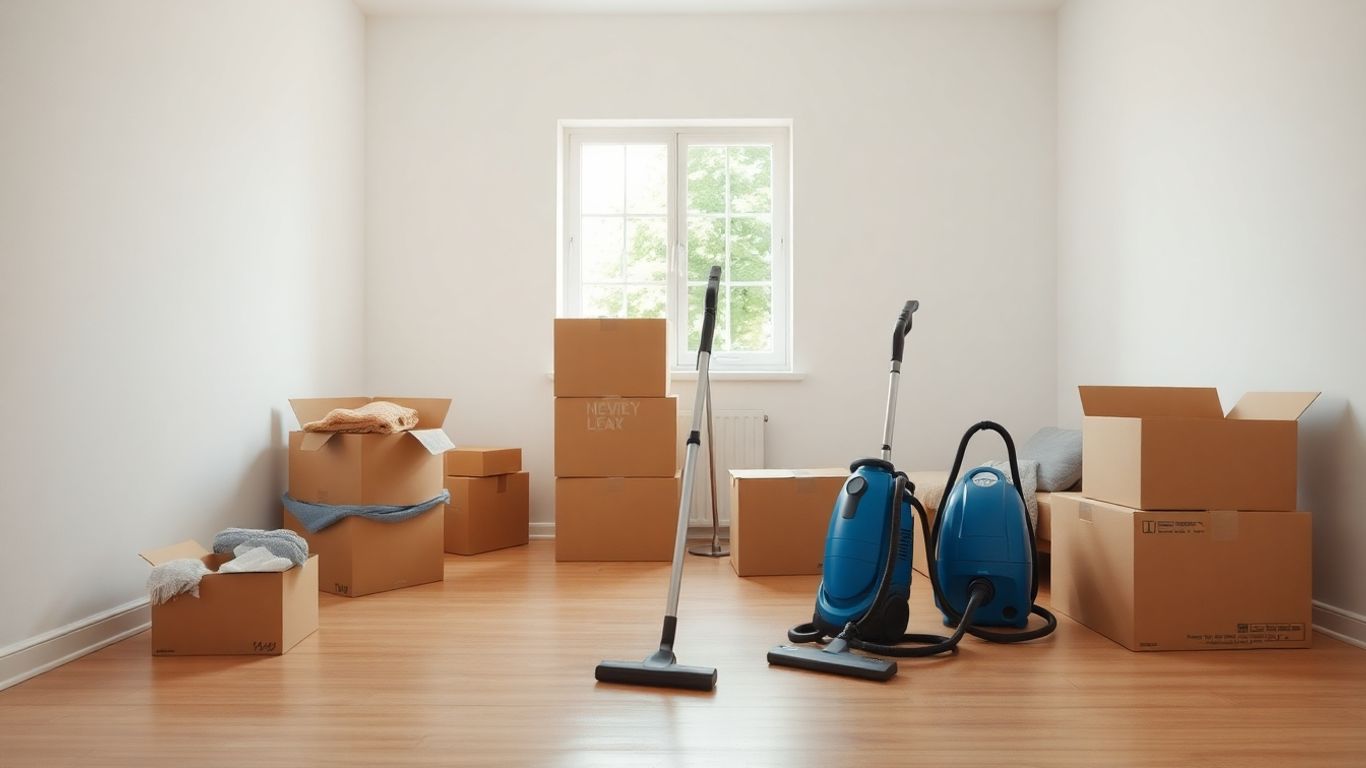 Clean living room with boxes and cleaning supplies