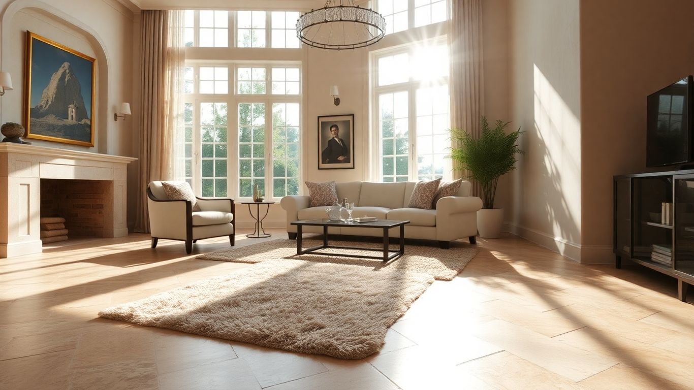 Elegant travertine flooring in a sunlit living room.