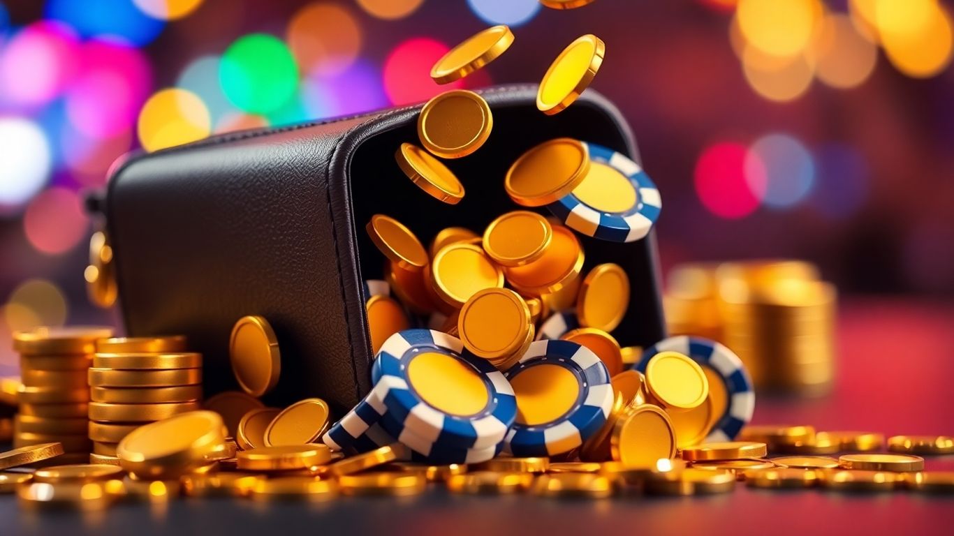 Golden coins and casino chips falling into a wallet.