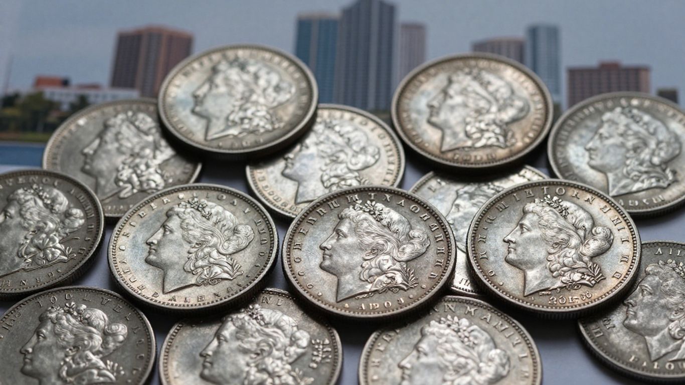 Collection of 40% silver coins with Tampa skyline.