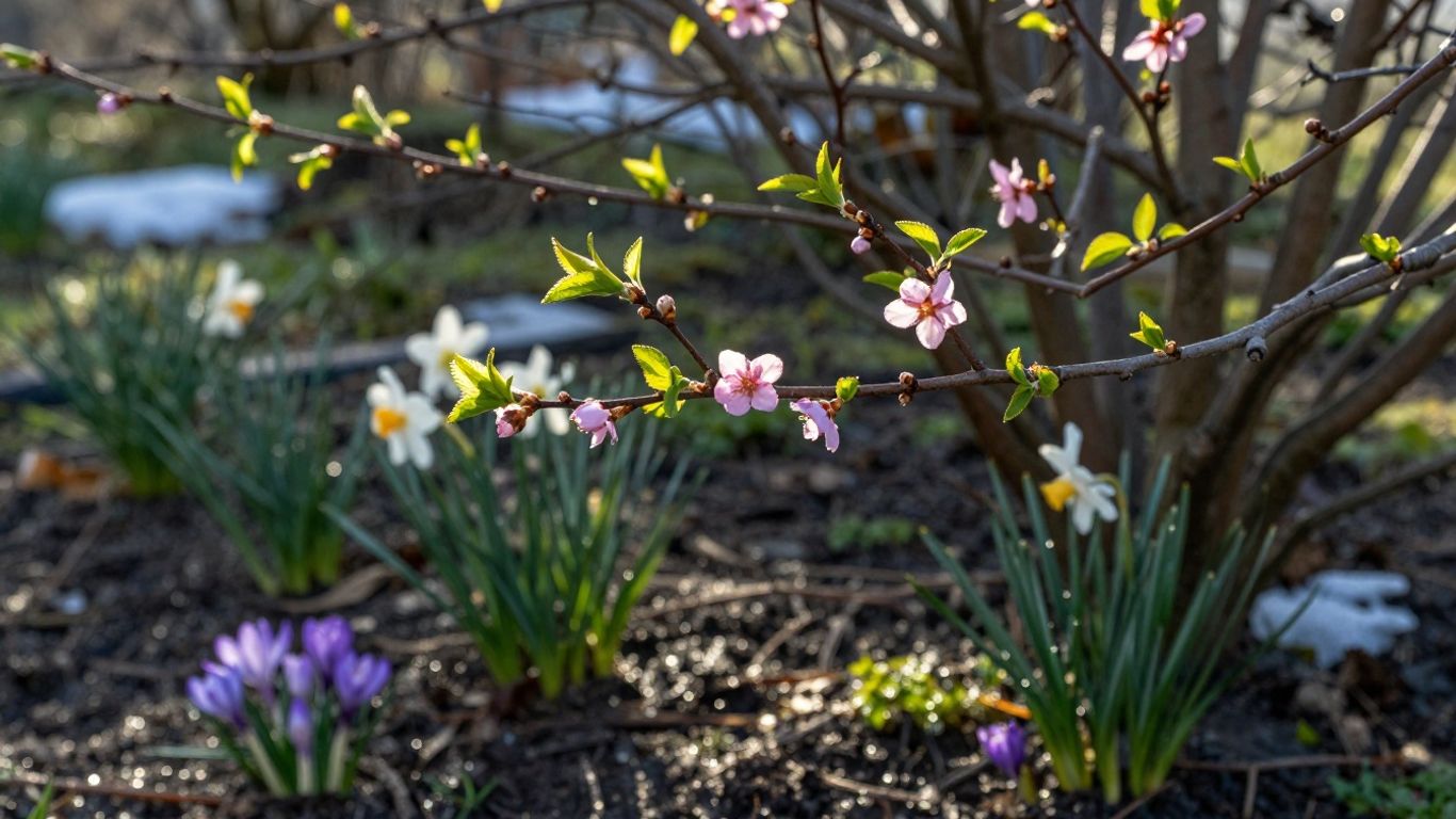 Garten im Übergang von Winter zu Frühling mit Knospen und Blumen.