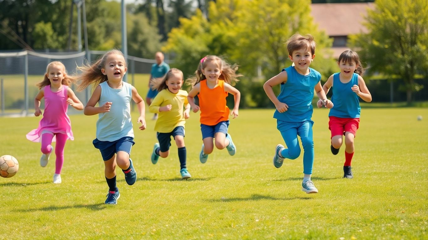 Young athletes running and jumping on a grassy field.