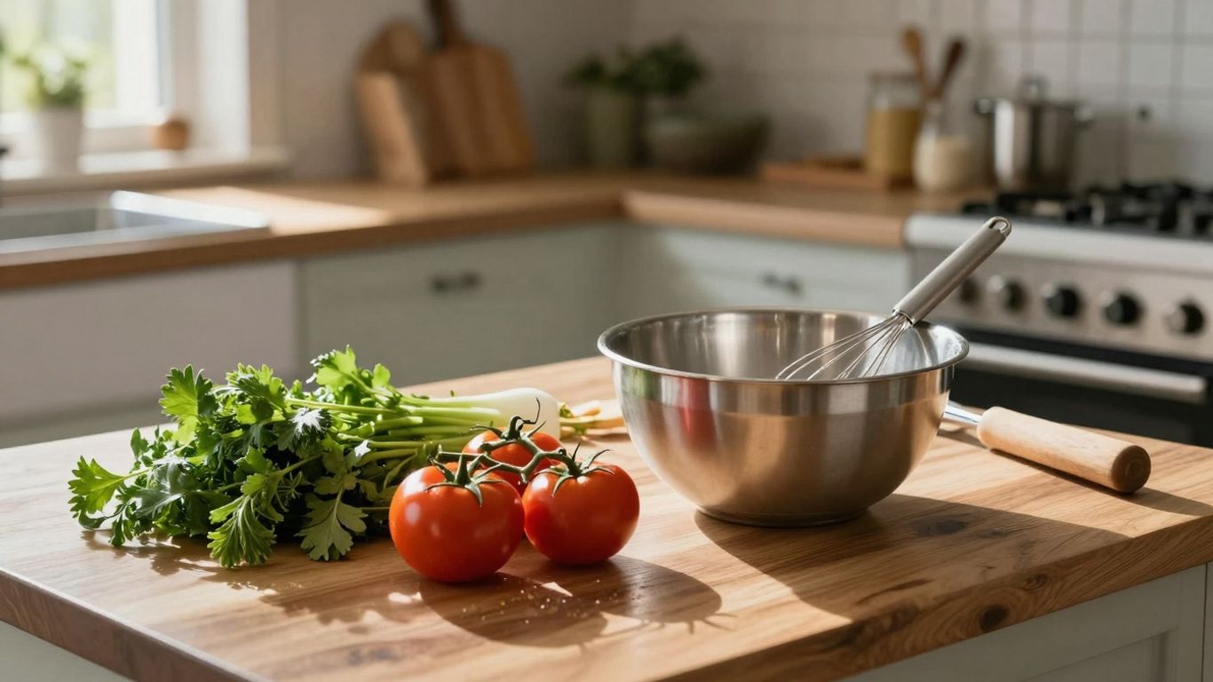 Home kitchen with fresh ingredients and baking supplies.