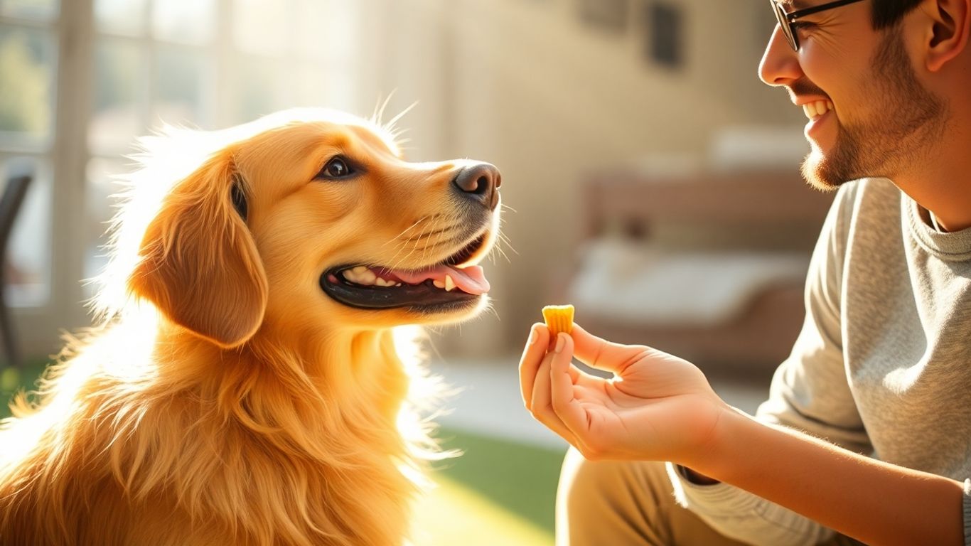 Happy dog receiving a treat from owner