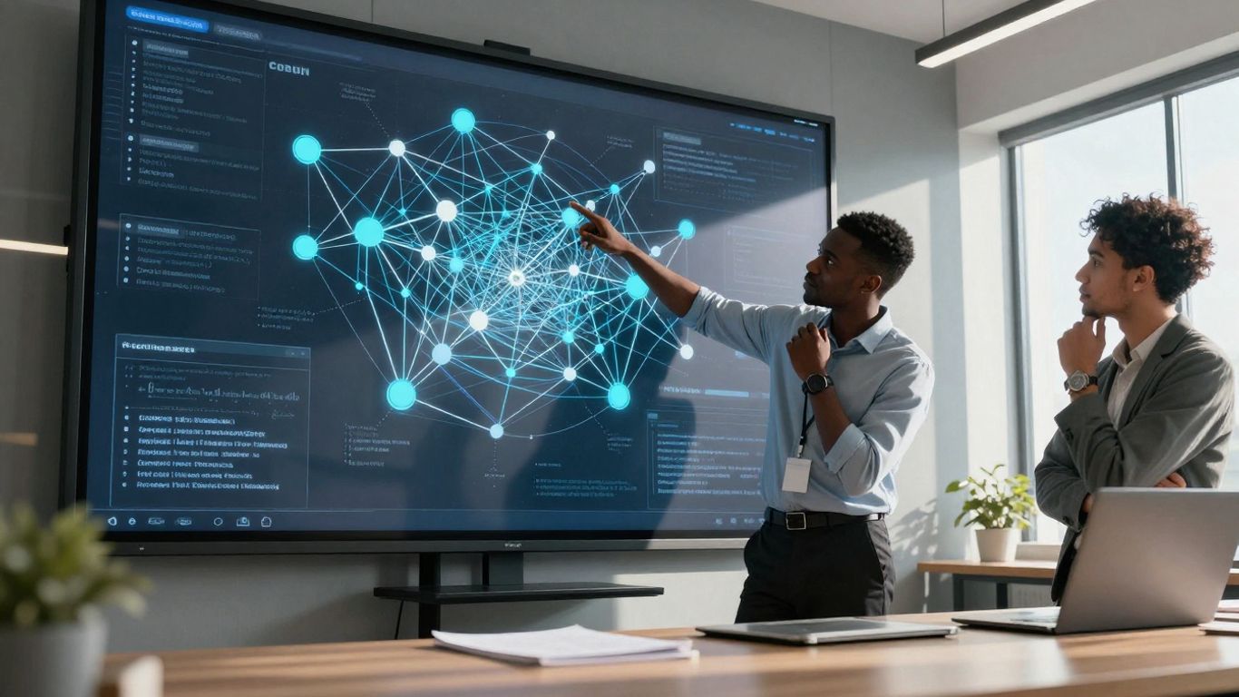 IT professionals reviewing a network diagram.