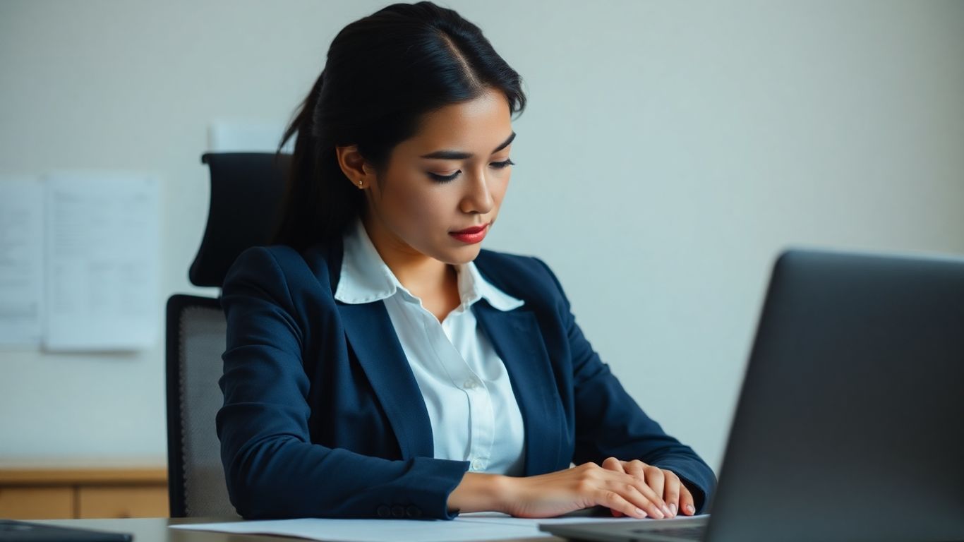 Person meditating at desk, eyes closed, calm expression.