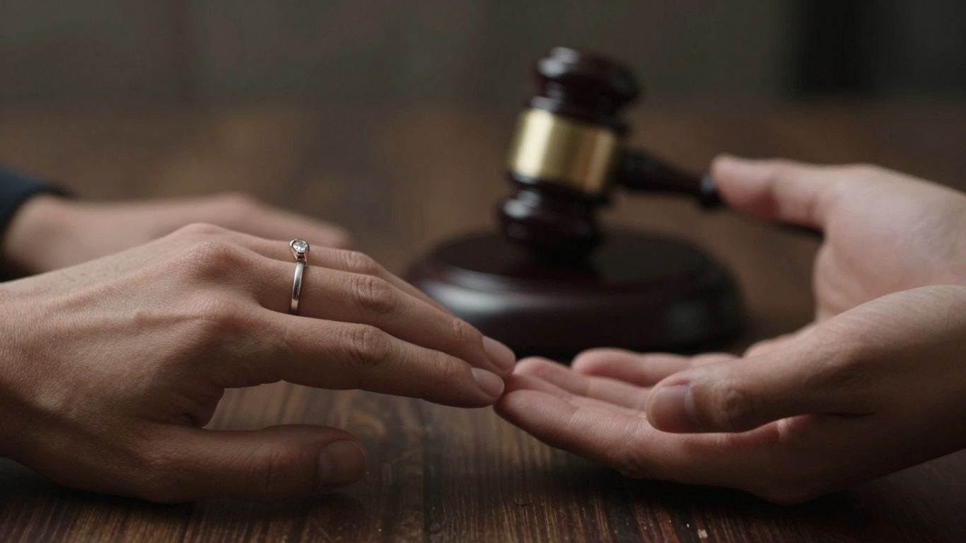 Wedding ring and hands separating, legal gavel background.