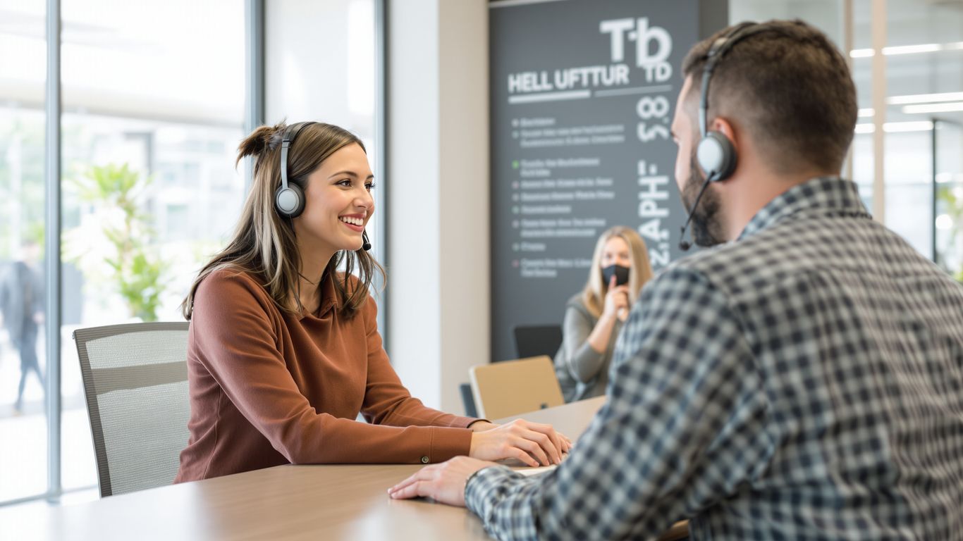 Help desk agent assisting a client with technology.