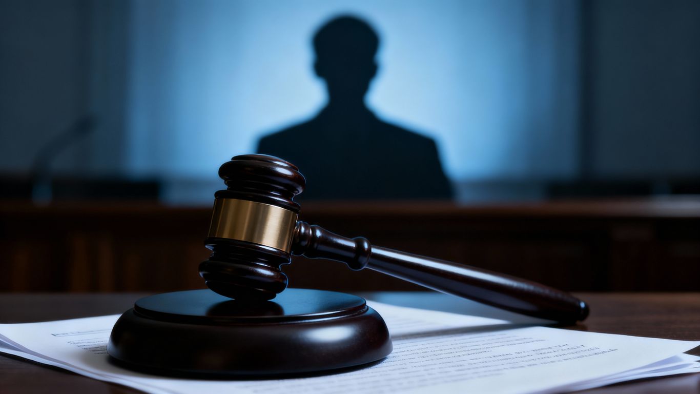 Gavel on legal document, shadowy figure, courtroom.