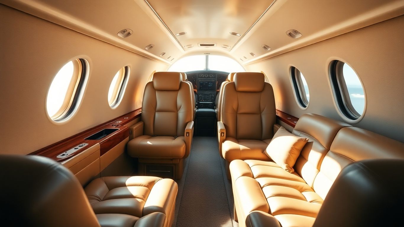 Luxury private jet interior with leather seats.