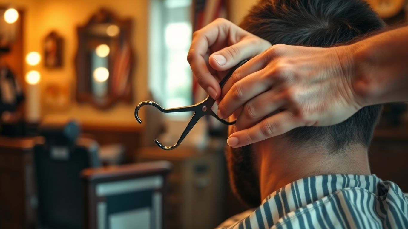 Barber cutting man's hair in a classic barbershop.