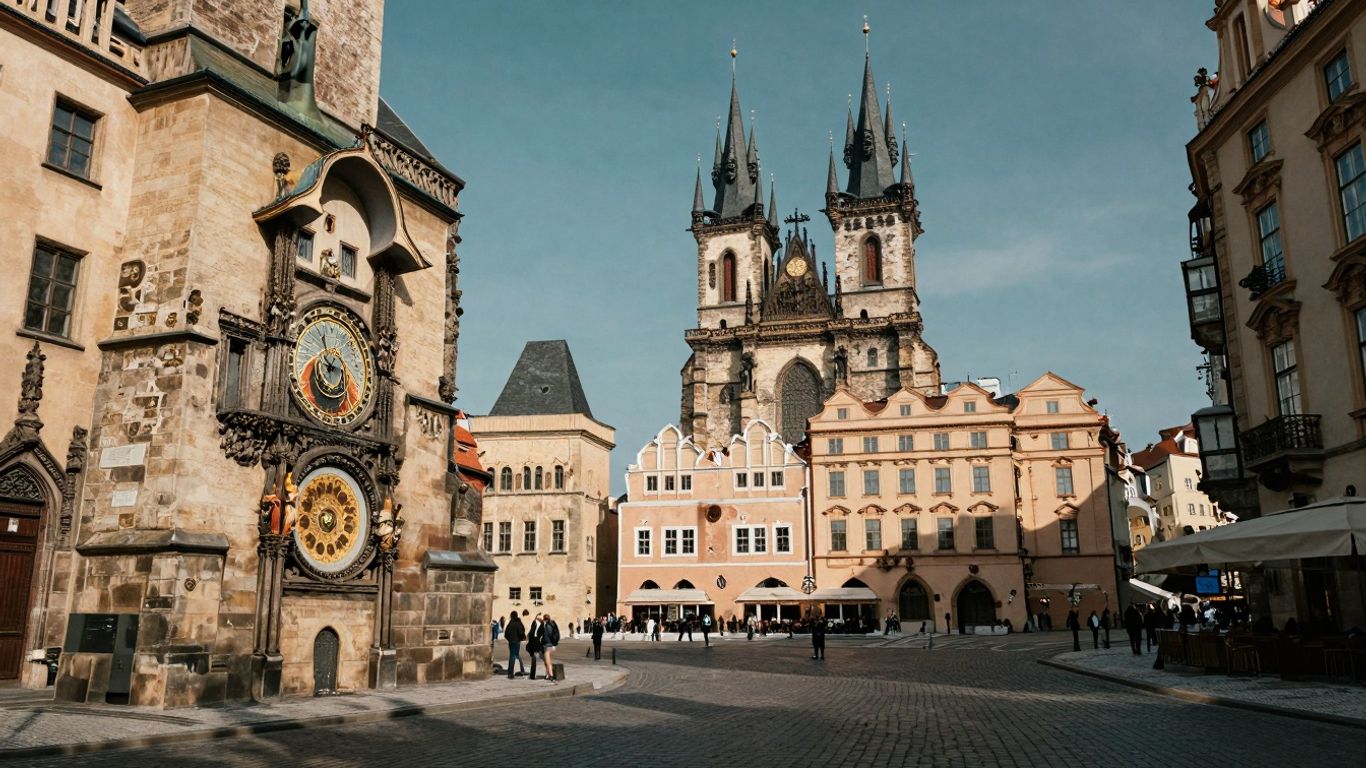Widok na Rynek Staromiejski w Pradze z zegarem astronomicznym.